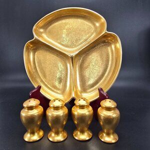 Pickard China 24K Gold Rosen Daisy Divided Dish and Salt Pepper Shakers JJ3816